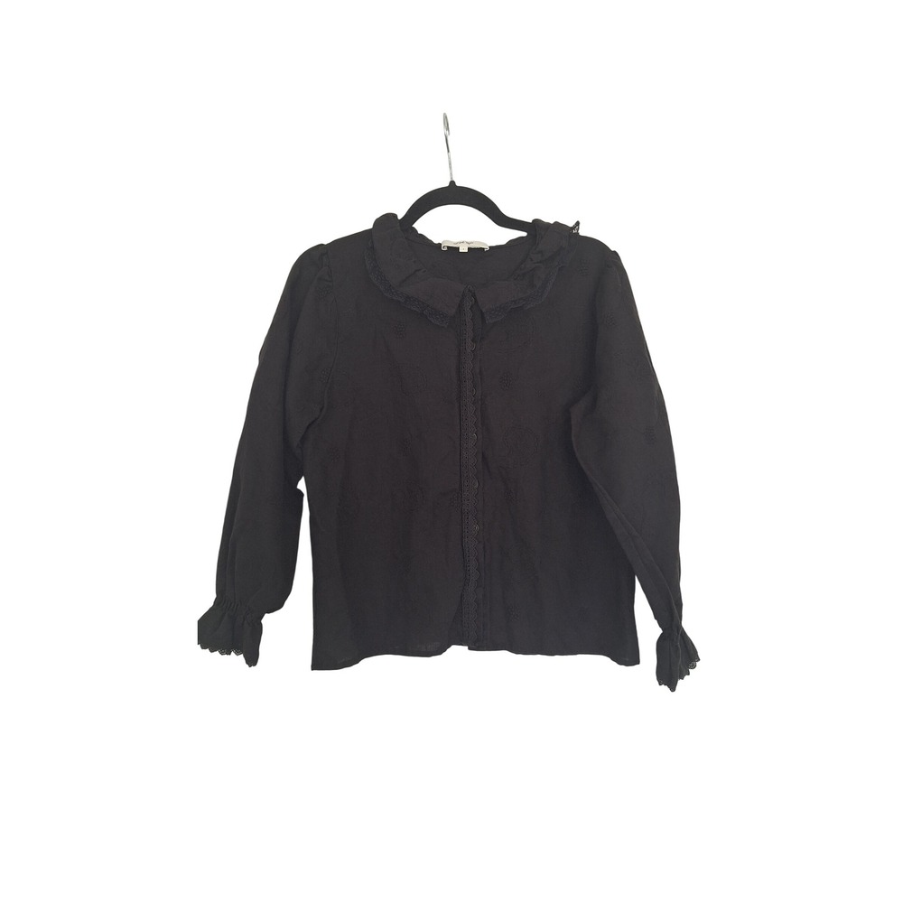 Simple Retro Black Embroidered Linen Cotton Blouse Peter Pan Collar Lace Small